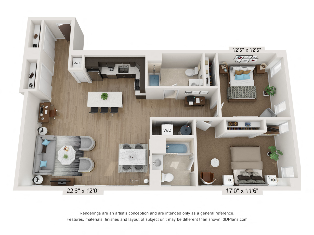 Floor plan for 2 beds, 2 baths, 1451 sqft